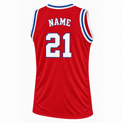 Philadelphia Basketball Jersey Red back mockup, number 21, NAME in matching outlined block letters.
