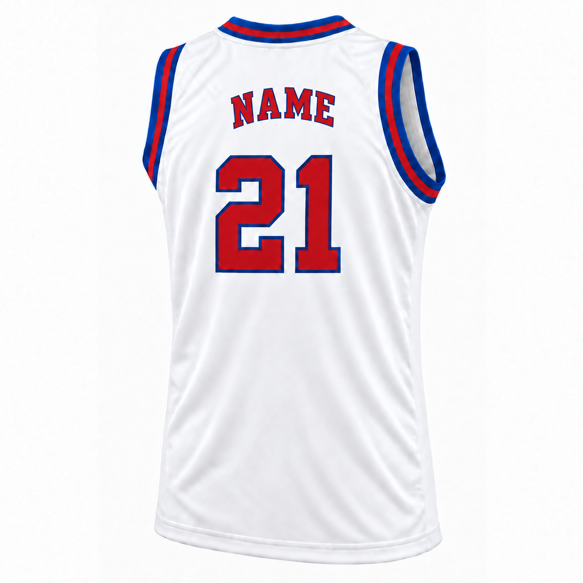 Philadelphia Basketball Jersey White back mockup, number 21, NAME in matching outlined block letters.