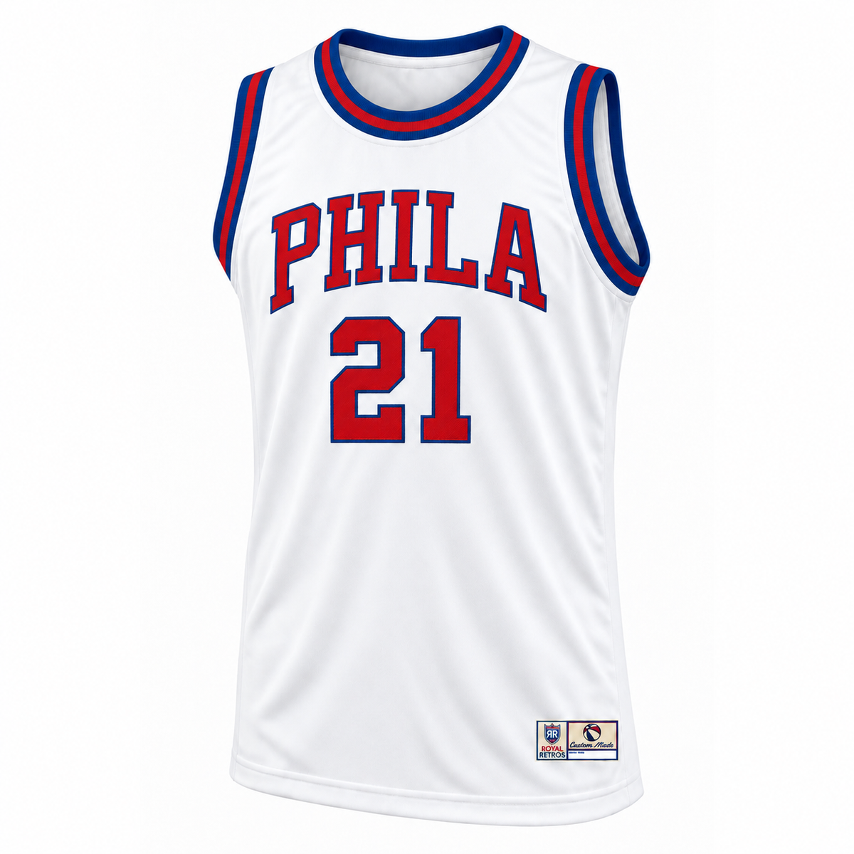 Philadelphia Basketball Jersey White front mockup, number 21, arched PHILA lettering.