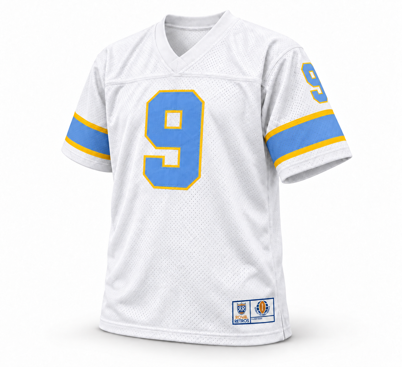 Philadelphia Bell WFL Jersey — white front, powder-blue number 9 with athletic-yellow outline
