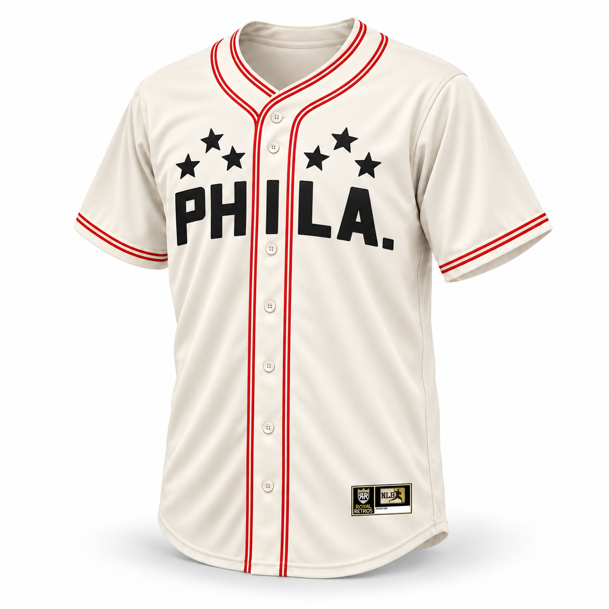 Philadelphia Stars NLB Jersey — cream front with black PHILA. lettering, six stars, and red and cream piping