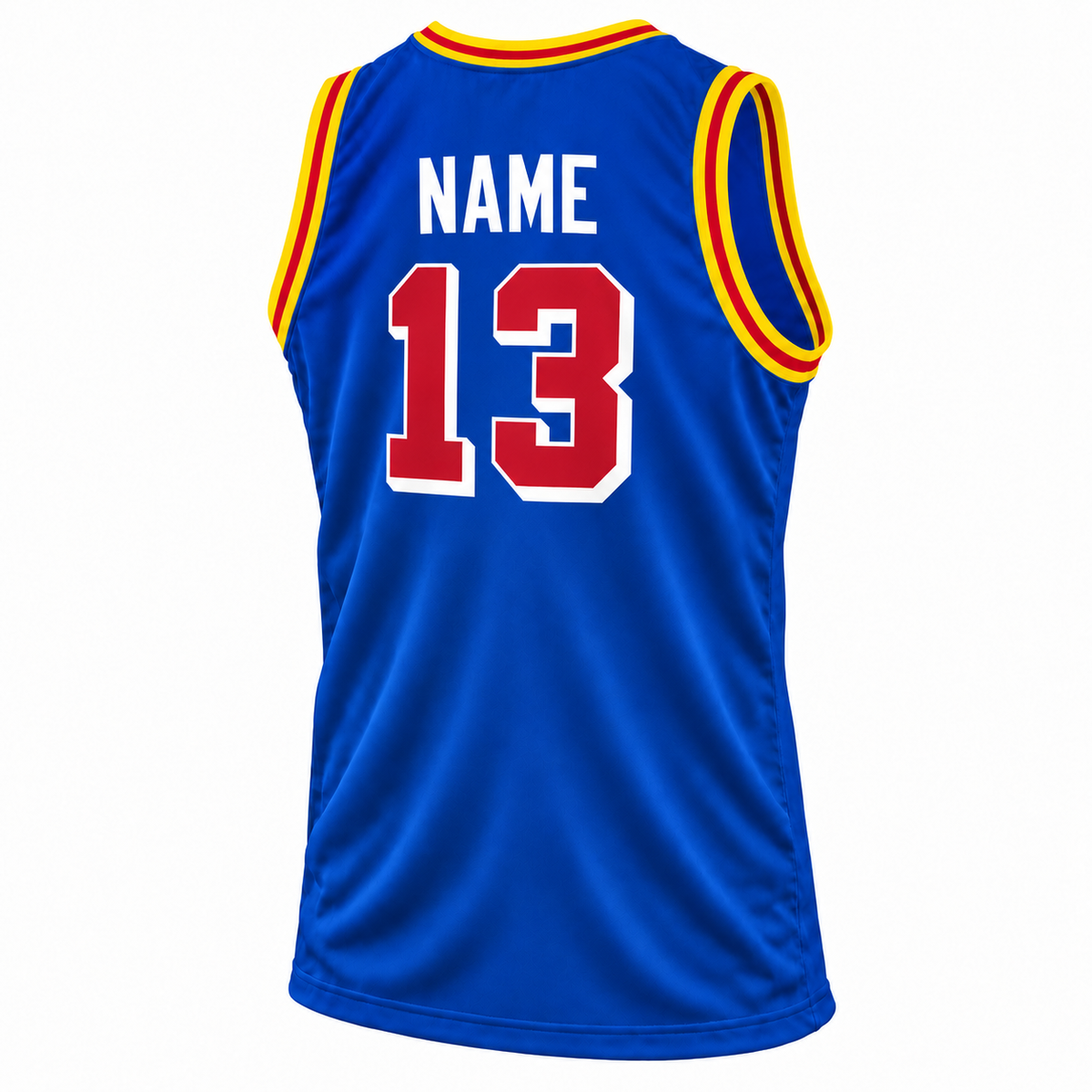 Philadelphia Warriors 1961–62 blue jersey back, white NAME and red #13 with white drop shadow.