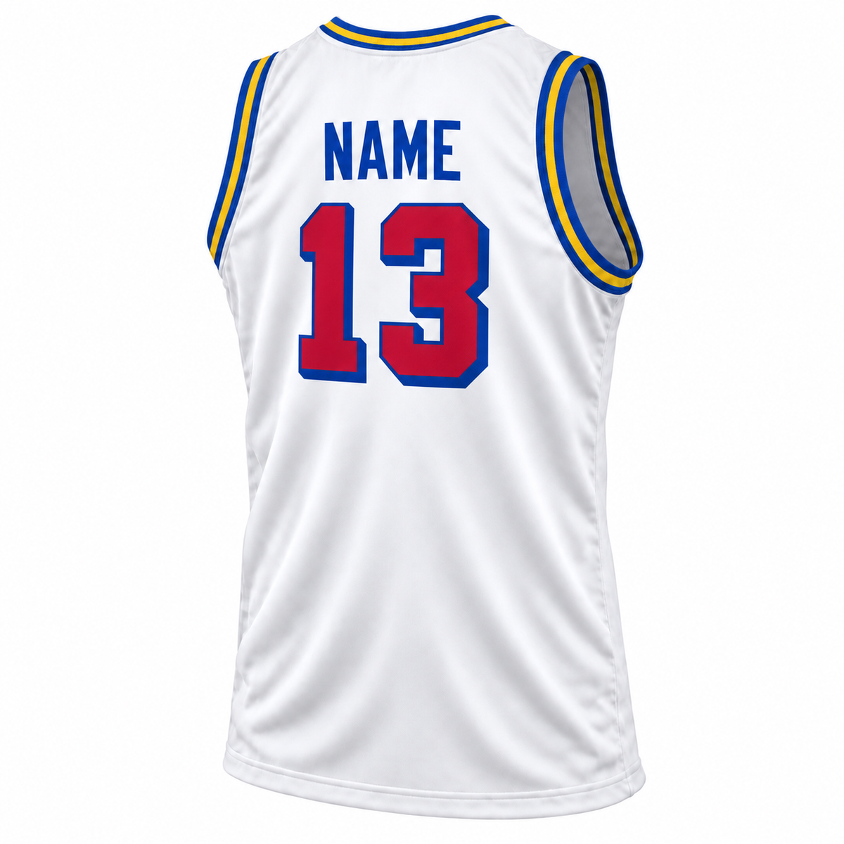 Philadelphia Warriors 1961–62 white jersey back, royal-blue NAME and red #13.