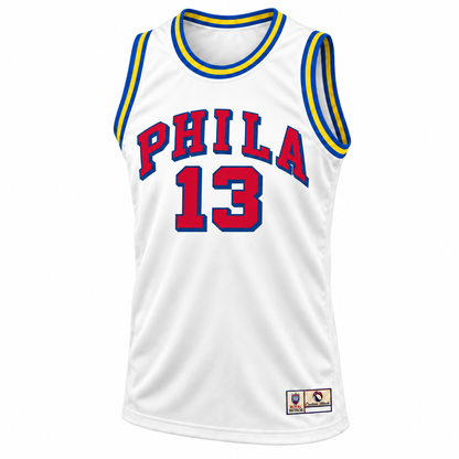 Philadelphia Warriors 1961–62 white jersey front, red PHILA and #13 with royal-blue and yellow trim.