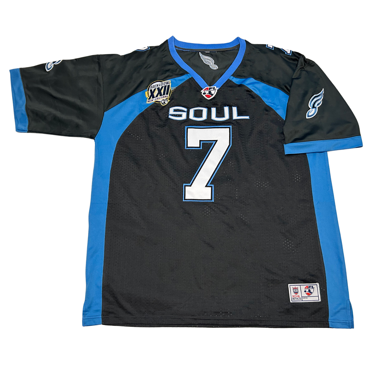 Philadelphia Soul jersey dark blue. Light blue stripes on sides going up to shoulders. Light blue trim on sleeve ends and neck. #7 large on chest with light blue trim. SOUL above number in white with light blue trim.  Royal Retros