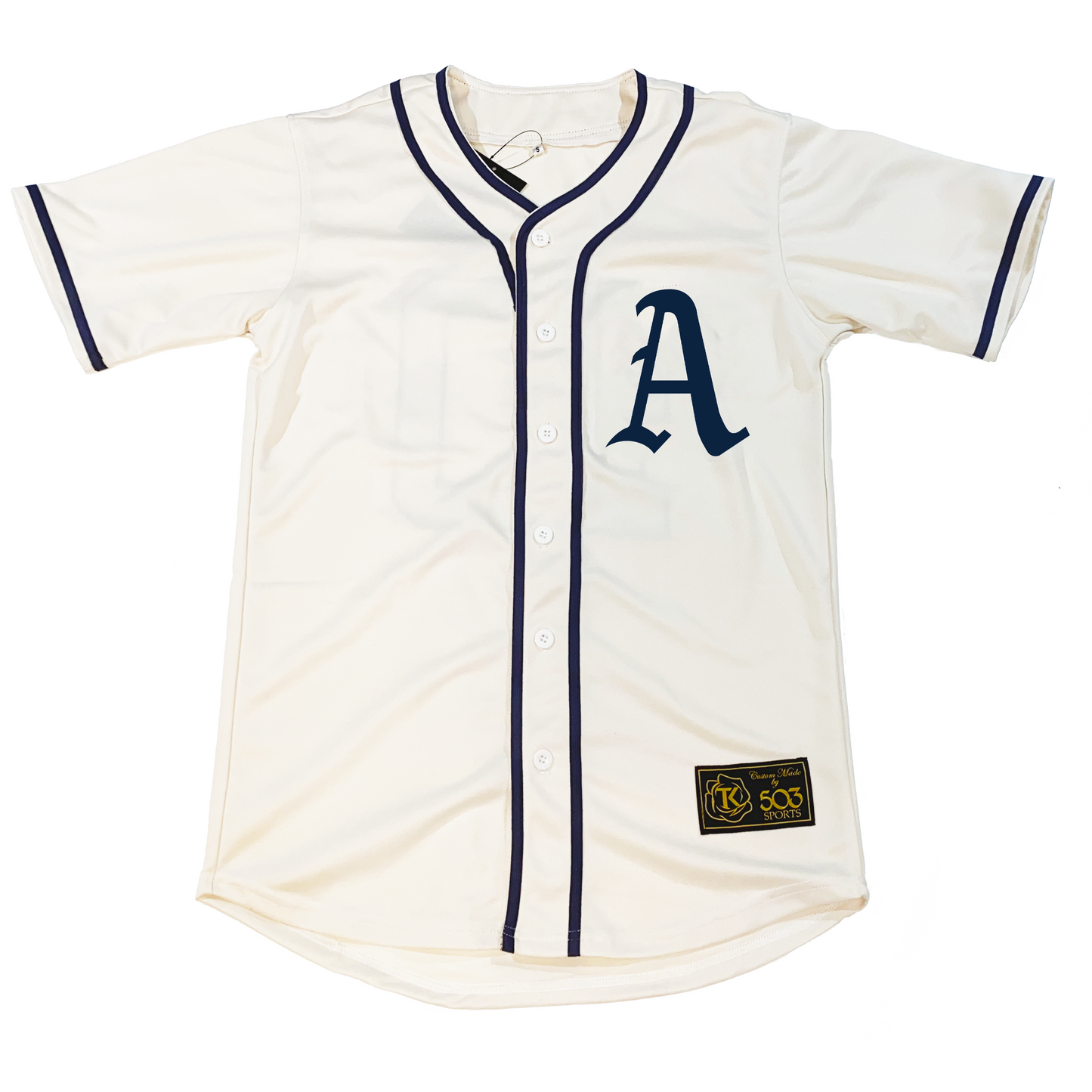 Cream-colored baseball jersey with navy trim and A logo, perfect custom jersey option