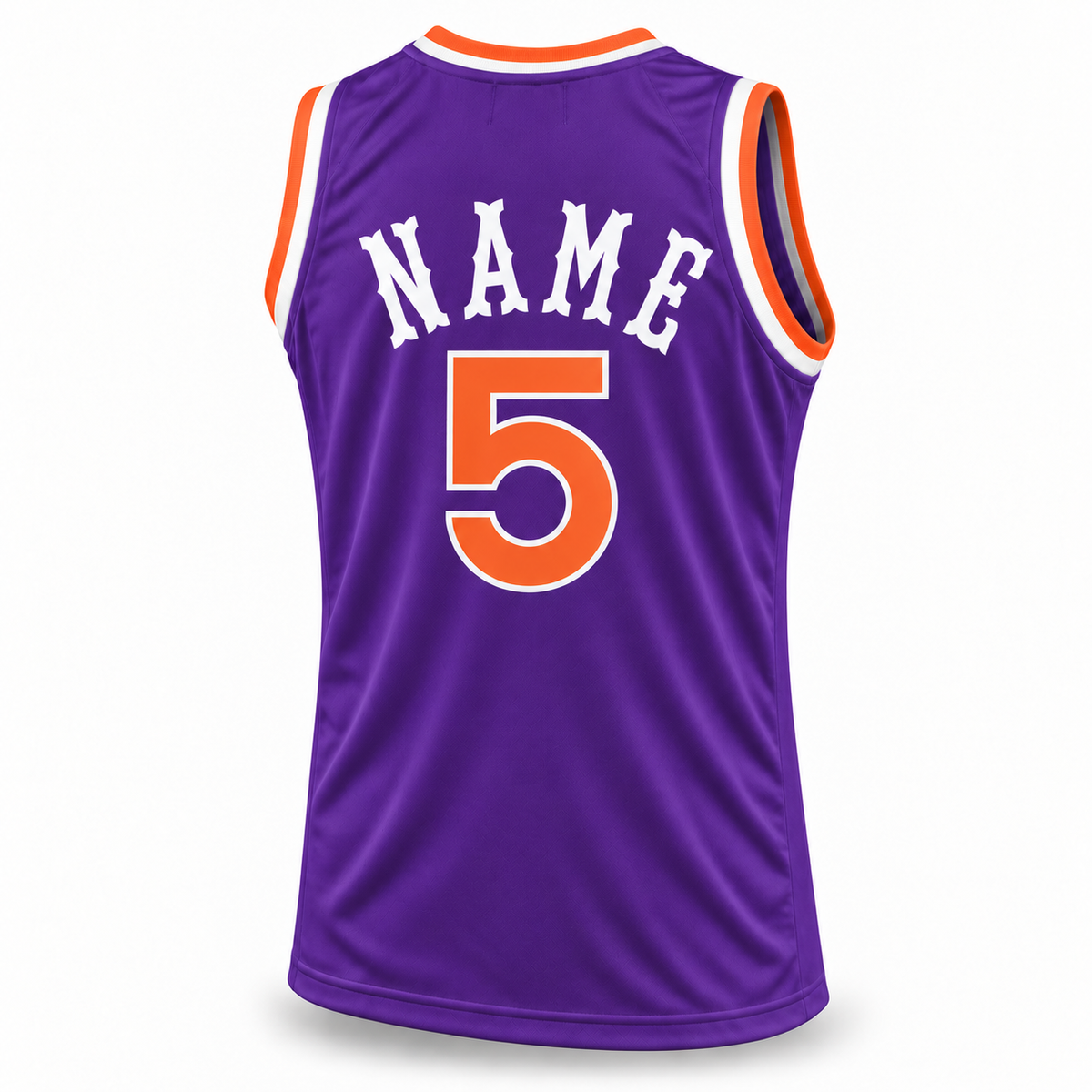 Phoenix Basketball Jersey purple back mockup, solid white custom arched NAME above orange number 5 with white outline.