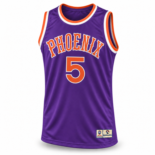 Phoenix Basketball Jersey purple front mockup, orange PHOENIX lettering and number 5 with white outlines, orange and white trim, no NBA logo.