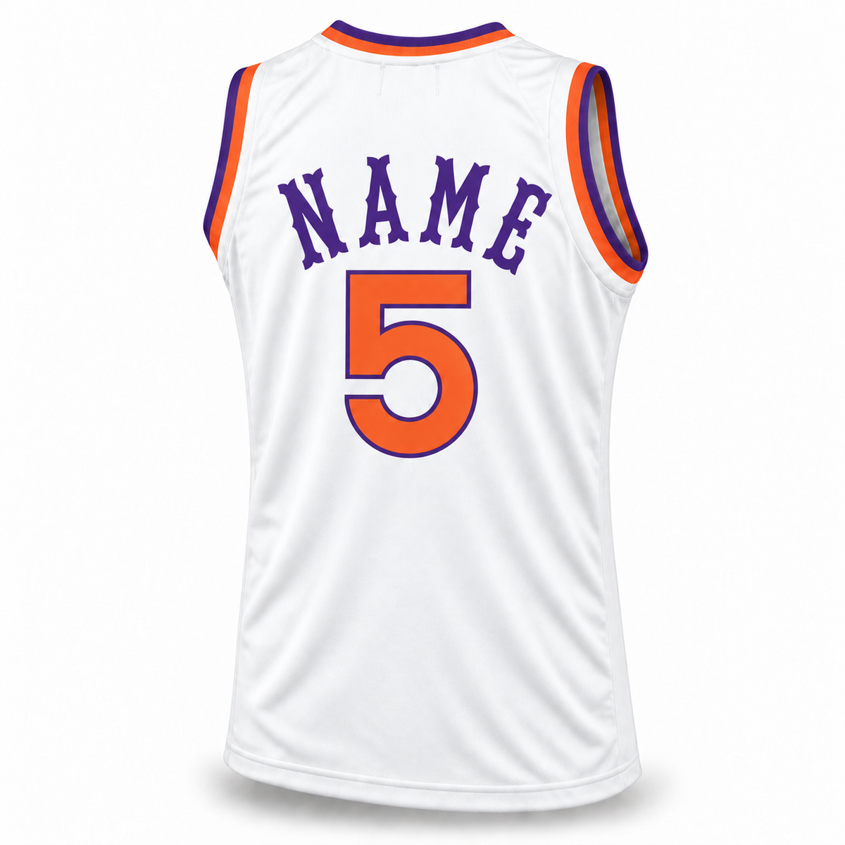 Phoenix Basketball Jersey white back mockup, solid purple custom arched NAME above orange number 5 with purple outline.