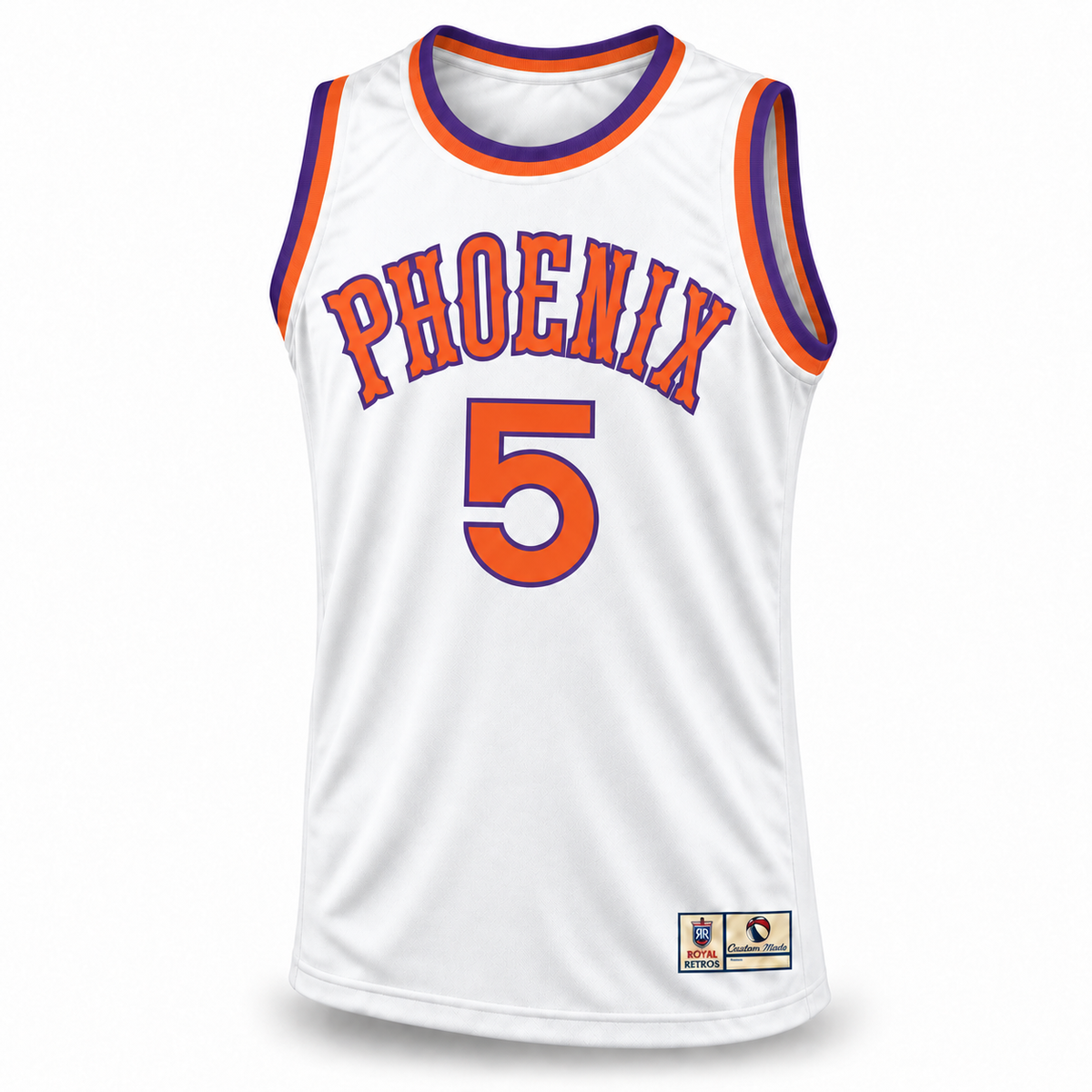 Phoenix Basketball Jersey white front mockup, orange PHOENIX lettering and number 5 with purple outlines, purple and orange trim, no NBA logo.