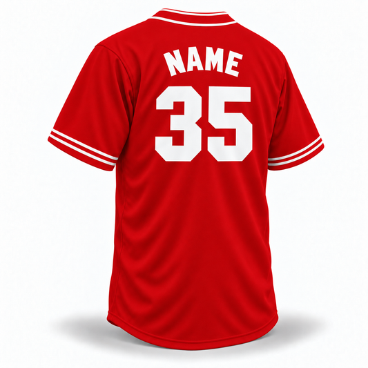 Pittsburgh Crawfords NLB Remix jersey red back mockup, arched white NAME and large white block 35 without outlines, matching double white collar and cuff trim.