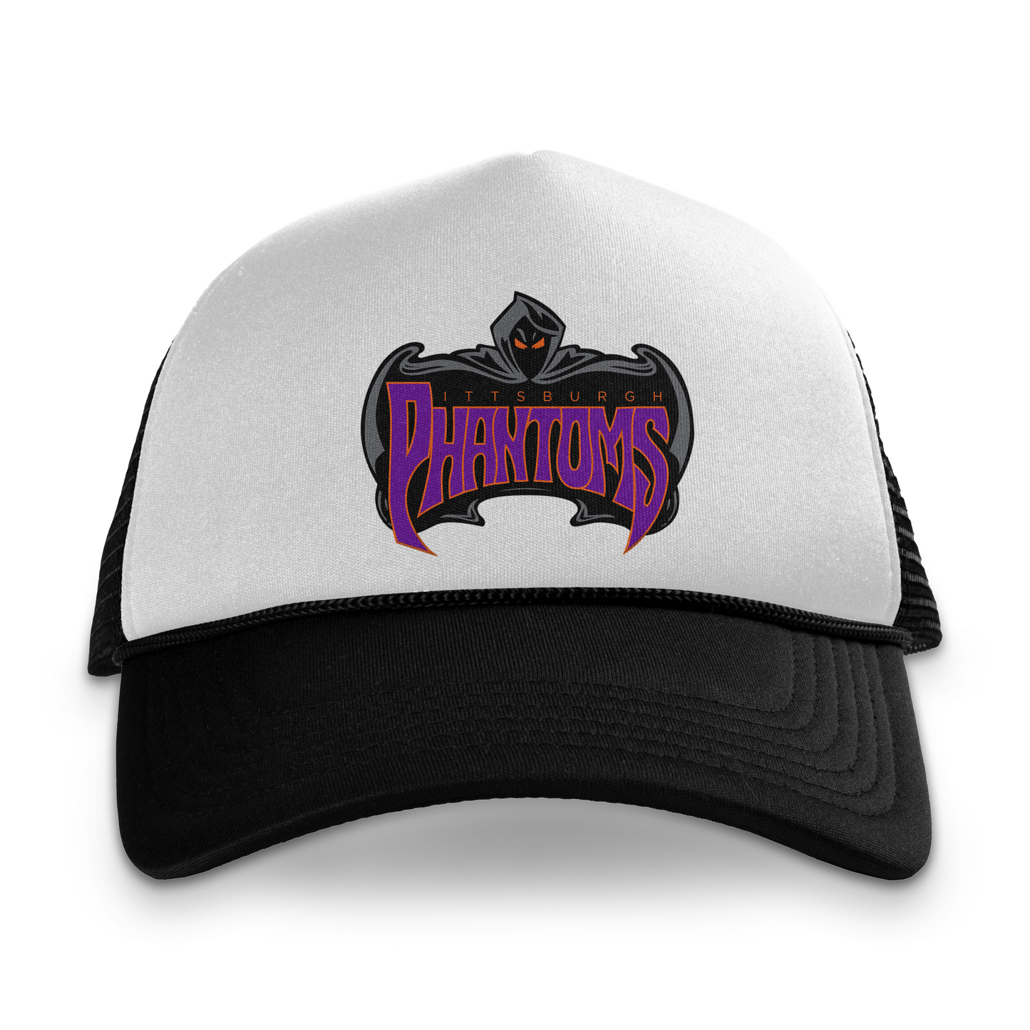 Pittsburgh Phantoms Foam Trucker Hat - White/ Black / one size - hats. Phantom with black face and yellow eyes with cape surrounding Phantoms on white background. Black bill. Royal Retros