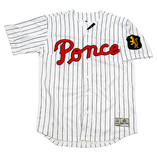 The Leones de Ponce - Ponce Leones button-up baseball jersey. White with black pinstripes. PONCE in cursive in red with black trim across chest. Logo on sleeve of gold medieval-style gold lion on black shieled on left sleee. Royal Retros