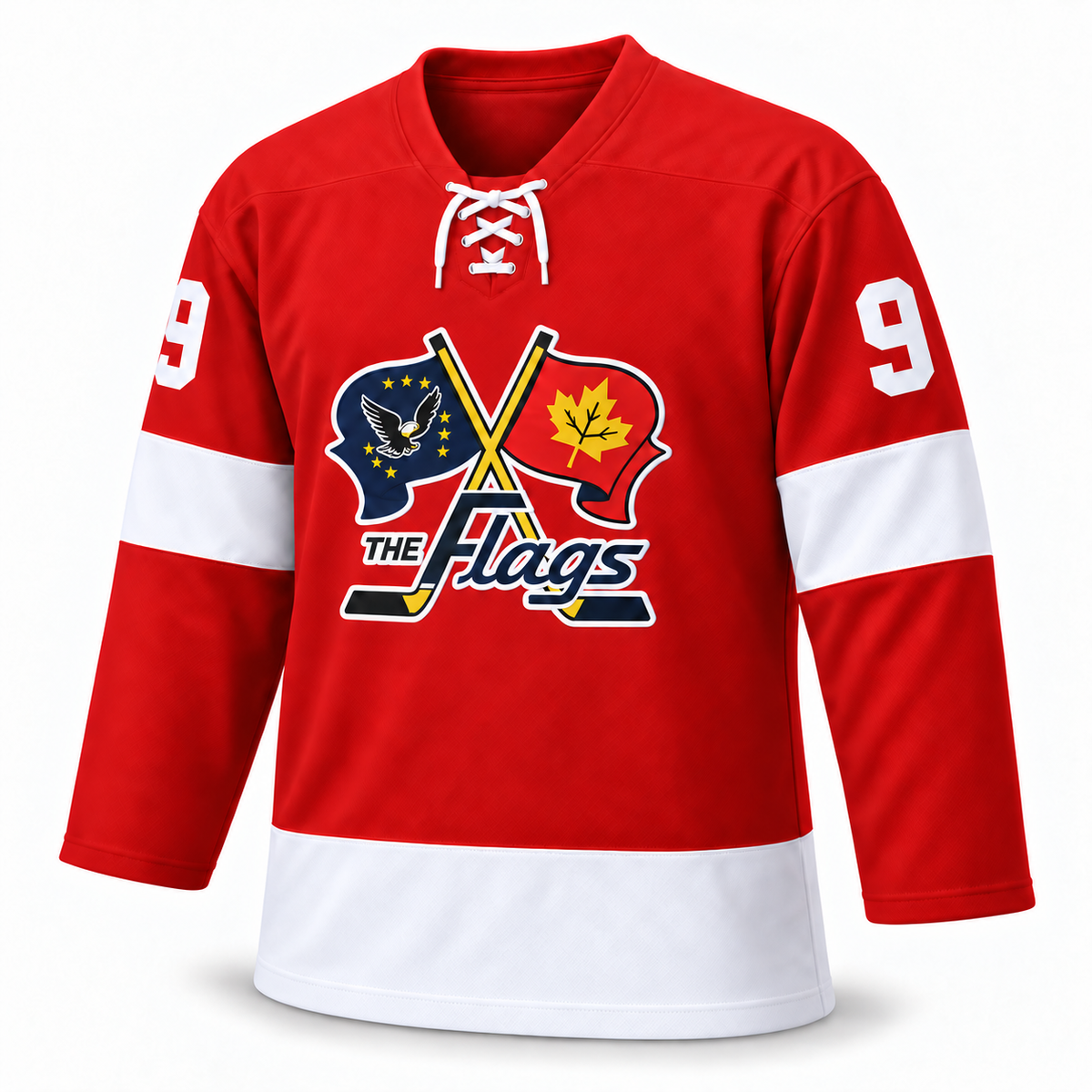 Port Huron Flags red jersey front mockup, number 9, lace-up collar