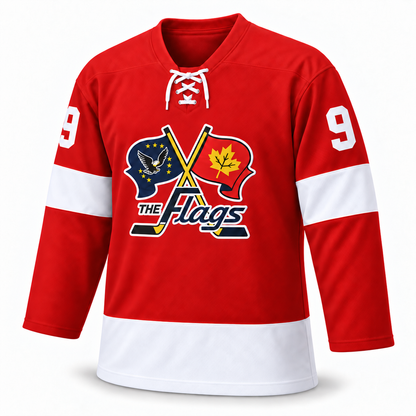 Port Huron Flags red jersey front mockup, number 9, lace-up collar