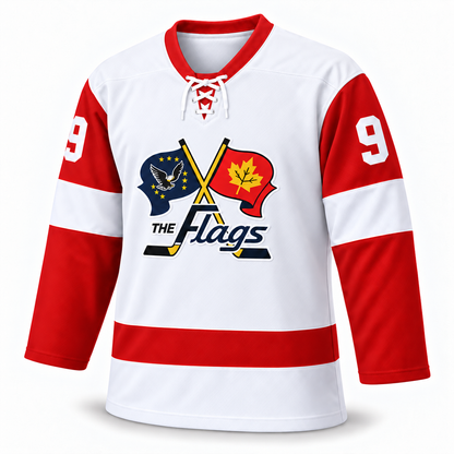 Port Huron Flags white jersey front mockup, number 9, lace-up collar