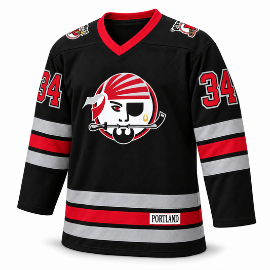 1993 Portland Pirates black jersey front, larger red number 34 with black inner and gray outer outlines.