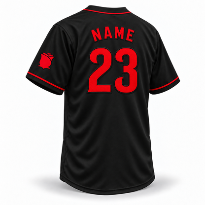 Portland Rosebuds NLB jersey black back mockup, red NAME and Cincinnati Reds-style 23 with black stitched outlines and drop shadows, red trim and left-sleeve rose.