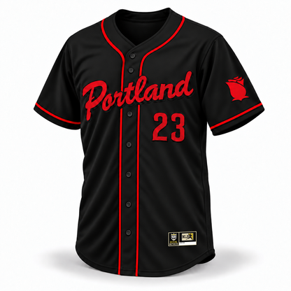 Portland Rosebuds NLB jersey black front mockup, red Portland script and 23 with subtle black stitched outlines and drop shadows, clean red side piping, rose sleeve patch and original NLB jock tag.