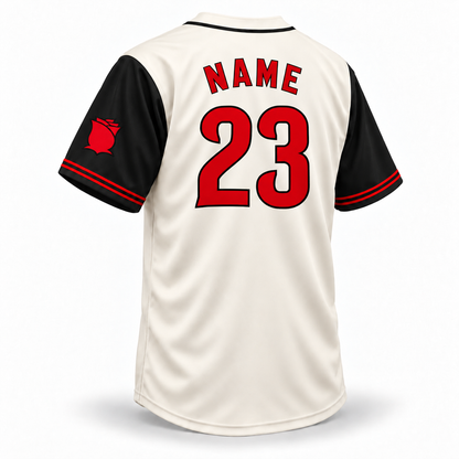 Portland Rosebuds NLB jersey cream back mockup with black sleeves, red NAME and Cincinnati Reds-style 23 with black outlines, rose sleeve patch and red cuff stripes.