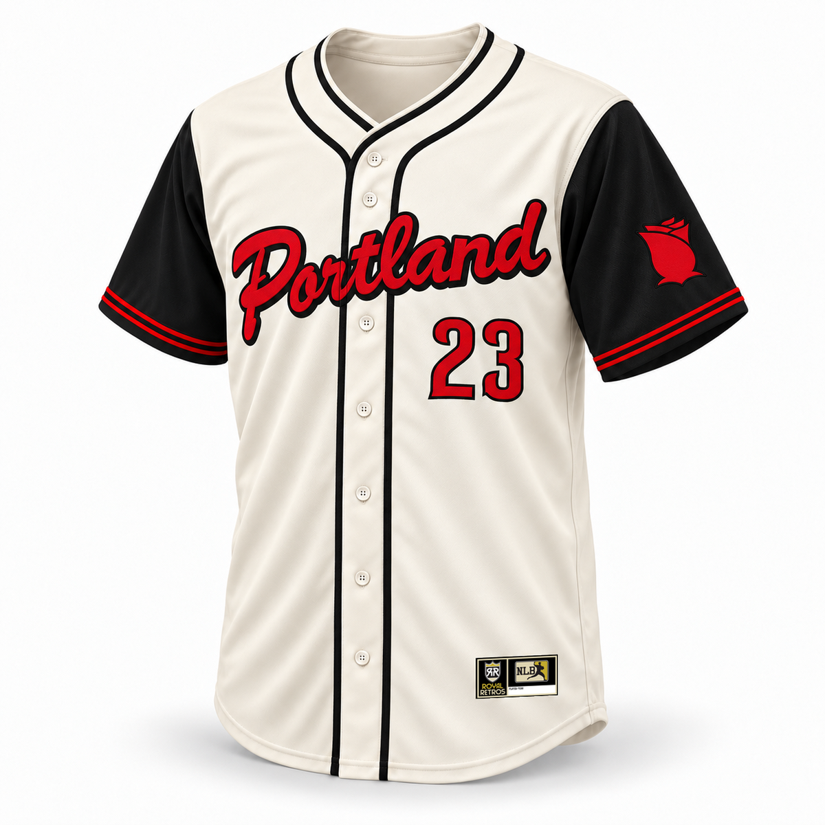 Portland Rosebuds NLB jersey cream front mockup with black sleeves, red Portland script and 23 with black outlines, black crossover piping, red cuff stripes, rose patch and original NLB jock tag.