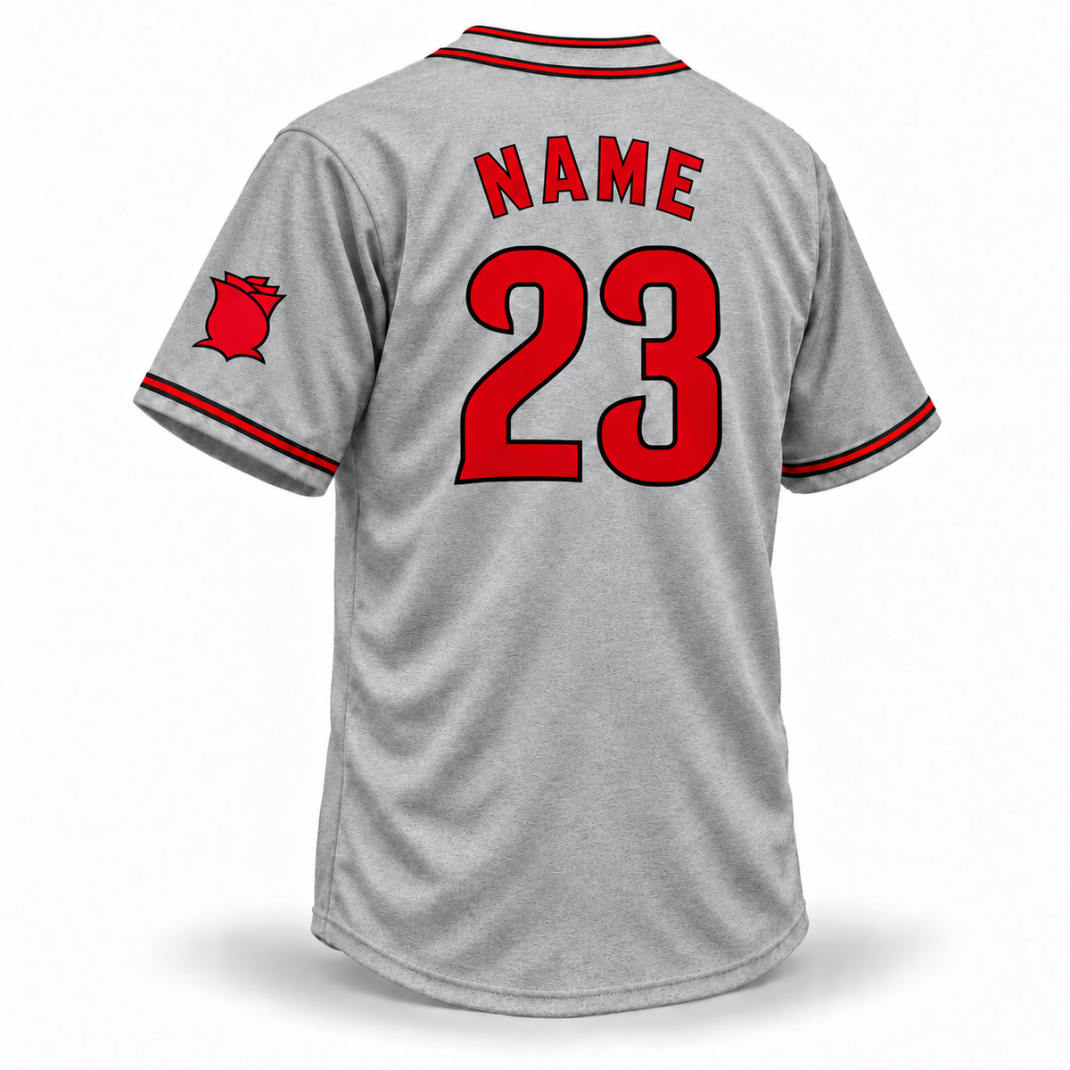 Portland Rosebuds NLB jersey gray wool back mockup, red NAME and Cincinnati Reds-style 23 with black outlines, double black-red-black collar piping and left-sleeve rose.