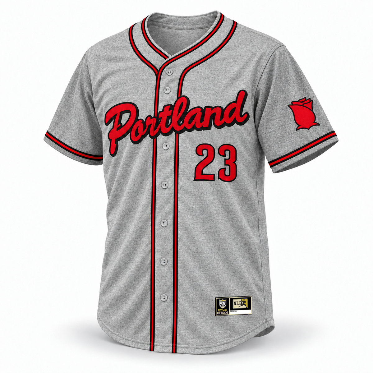 Portland Rosebuds NLB jersey gray wool front mockup, red Portland and 23 with black outlines, black-red-black crossover piping, rose sleeve patch and original NLB jock tag.