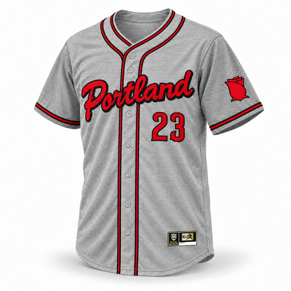 Portland Rosebuds NLB jersey gray wool front mockup, red Portland and 23 with black outlines, black-red-black crossover piping, rose sleeve patch and original NLB jock tag.