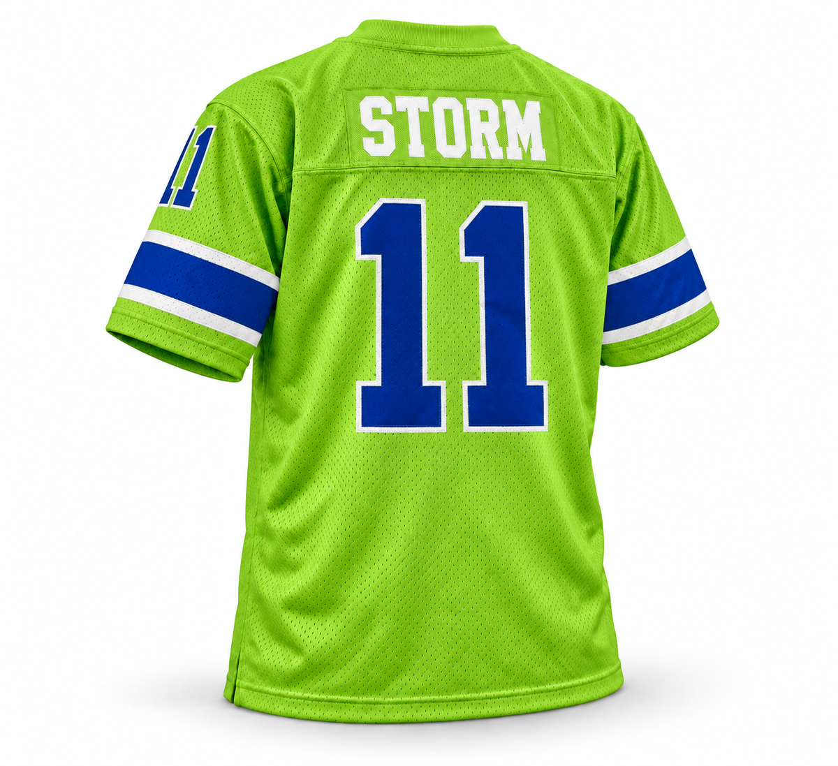 Portland Storm WFL jersey, neon green with white STORM name and royal blue number 11 with white trim, back view
