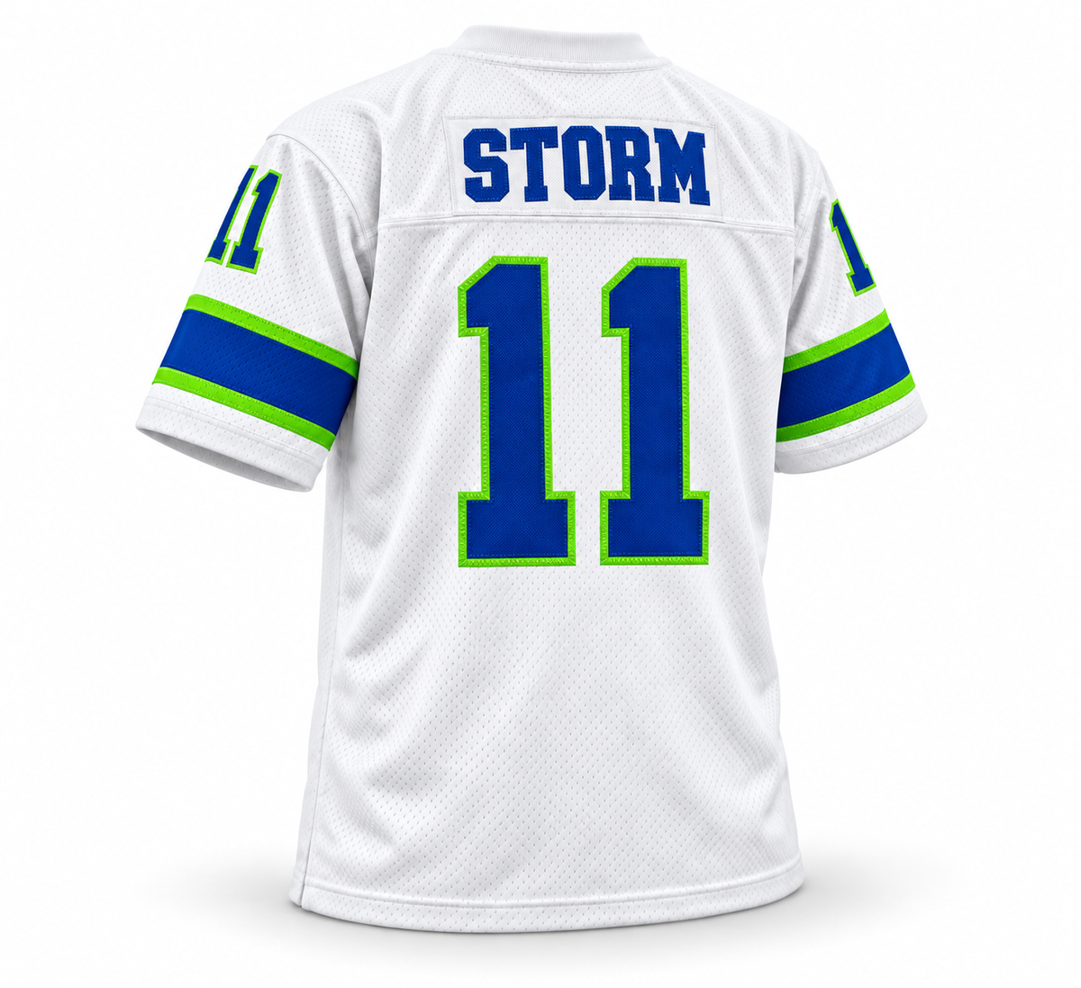 Portland Storm WFL jersey, white with royal blue STORM name and royal blue number 11 with neon green trim, back view