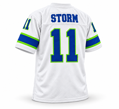 Portland Storm WFL jersey, white with royal blue STORM name and royal blue number 11 with neon green trim, back view