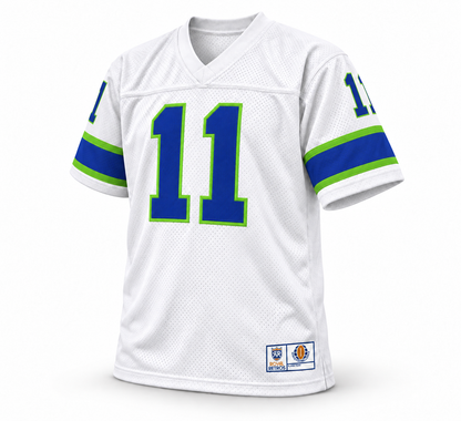 Portland Storm WFL jersey, white with royal blue number 11 and neon green trim, front view