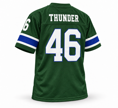 Portland Thunder WFL jersey, forest green with white THUNDER name and white number 46 with royal blue trim, back view
