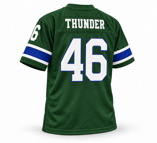 Portland Thunder WFL jersey, forest green with white THUNDER name and white number 46 with royal blue trim, back view