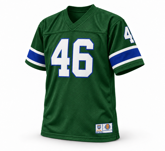 Portland Thunder WFL jersey, forest green with white number 46 and royal blue trim, front view