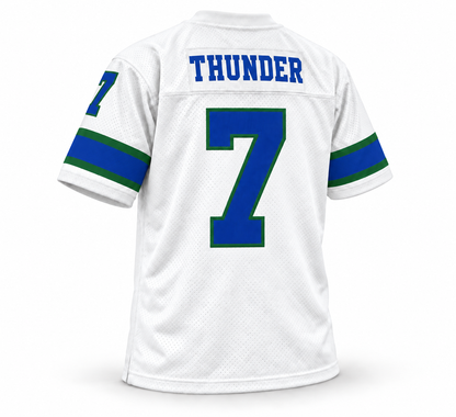 Portland Thunder WFL jersey, white with royal blue THUNDER name and royal blue number 7 with forest green trim, back view