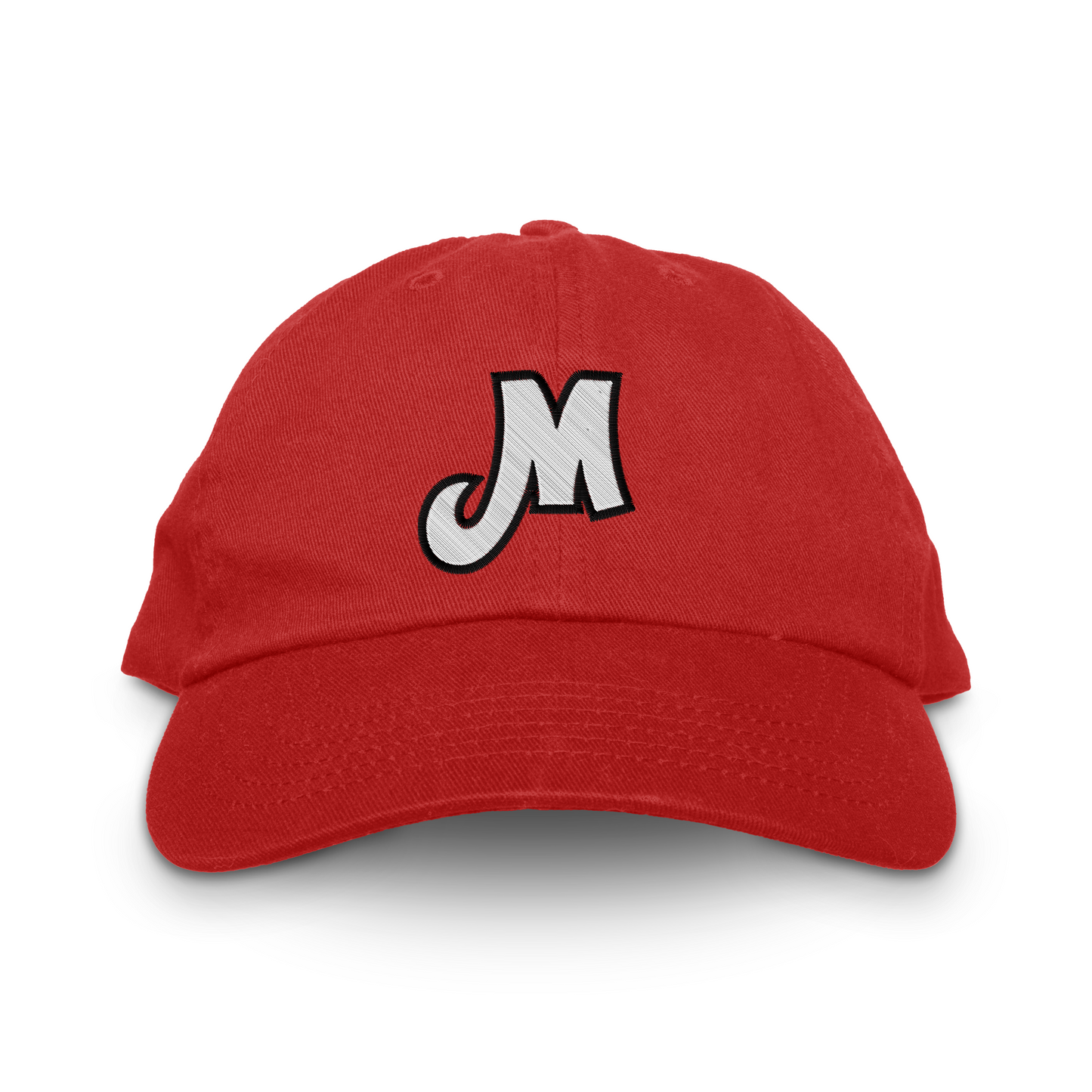 Portland Mavericks unstructured dad hat in red with a white and black script M embroidered on the front panel