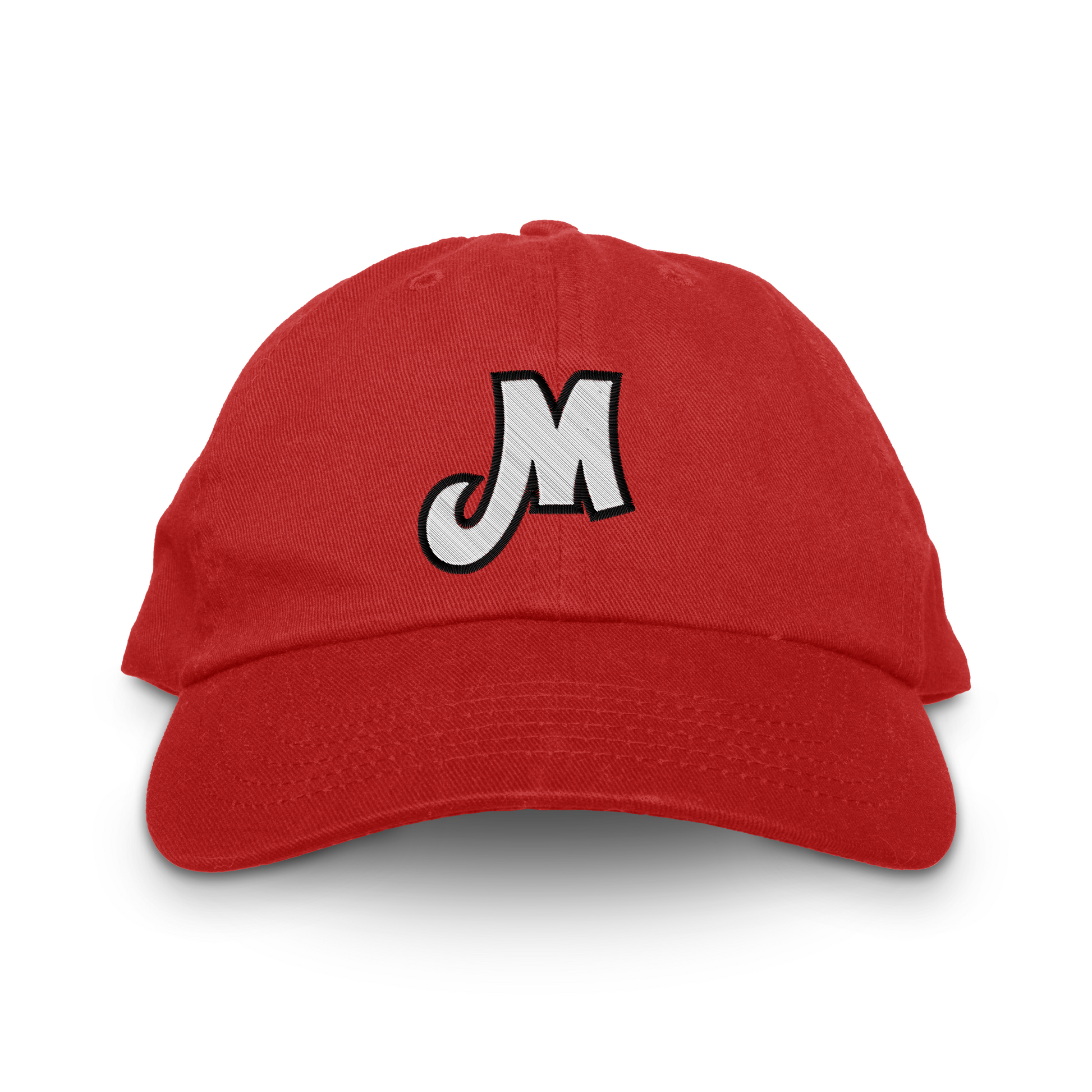 Portland Mavericks unstructured dad hat in red with a white and black script M embroidered on the front panel