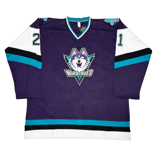 Quebec Nordiques Proposed Jersey purple with white, black, and teal trim on sleeves and waist. Wolf logo on front with word Nordiques underneath Royal Retros