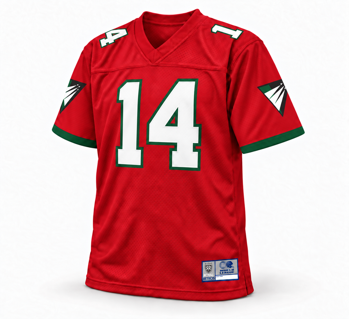 Raleigh-Durham Skyhawks WLAF jersey — Red front — white 14 with green outline