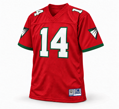 Raleigh-Durham Skyhawks WLAF jersey — Red front — white 14 with green outline