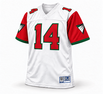 Raleigh-Durham Skyhawks WLAF jersey — White front — red sleeves and red 14 with green outline
