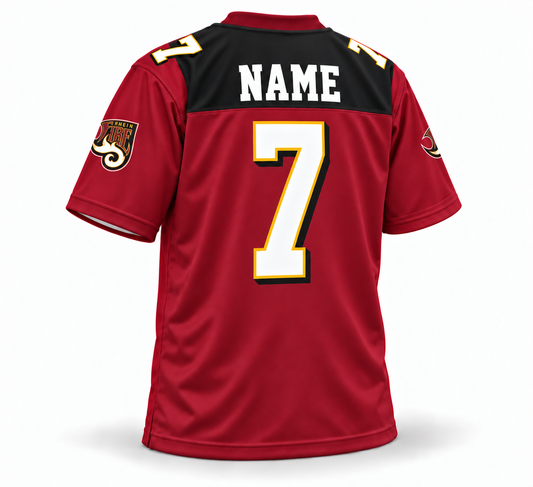 1995 Rhein Fire custom WLAF jersey — maroon back, NAME and number 7