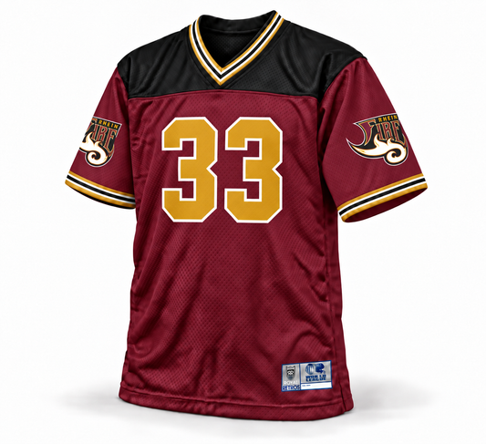 1998 Rhein Fire WLAF jersey — maroon front — gold 33, black shoulders