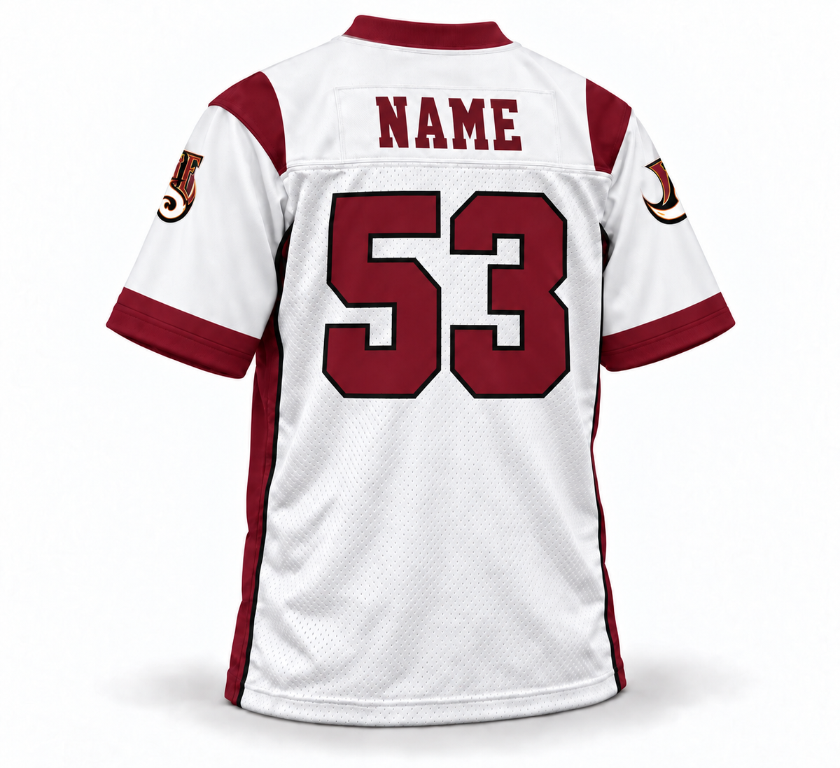 2004 Rhein Fire WLAF jersey — white back, NAME and number 53