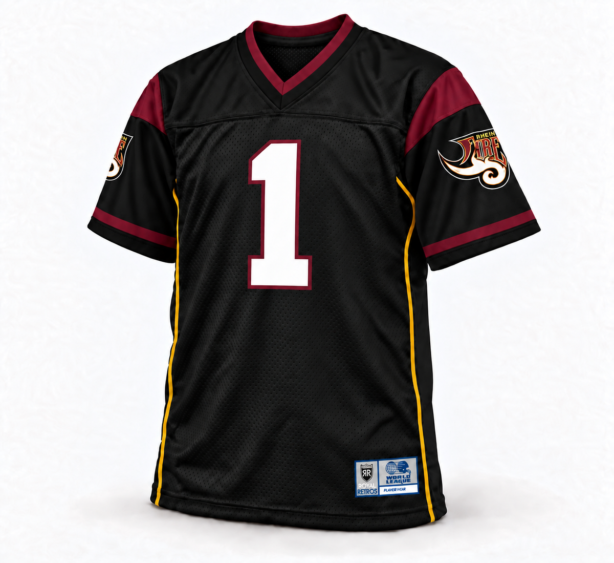 Rhein Fire WLAF Remix Jersey — black front, white number 1 with maroon outline