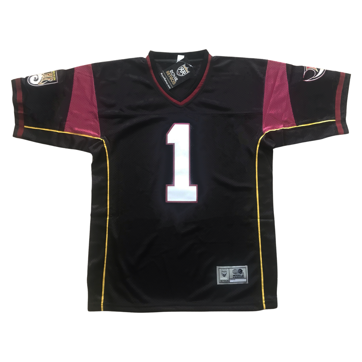 Rhein Fire WLAF Jersey black. Black and maroon collar. Maroon trim at sleeve tops and ends. Gold line down both sides. #1 in white with maroon trim large on chest.  Royal Retros