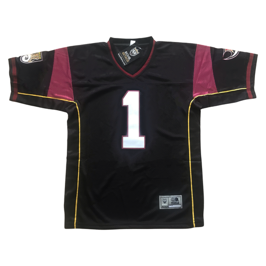 Rhein Fire WLAF Jersey black. Black and maroon collar. Maroon trim at sleeve tops and ends. Gold line down both sides. #1 in white with maroon trim large on chest.  Royal Retros