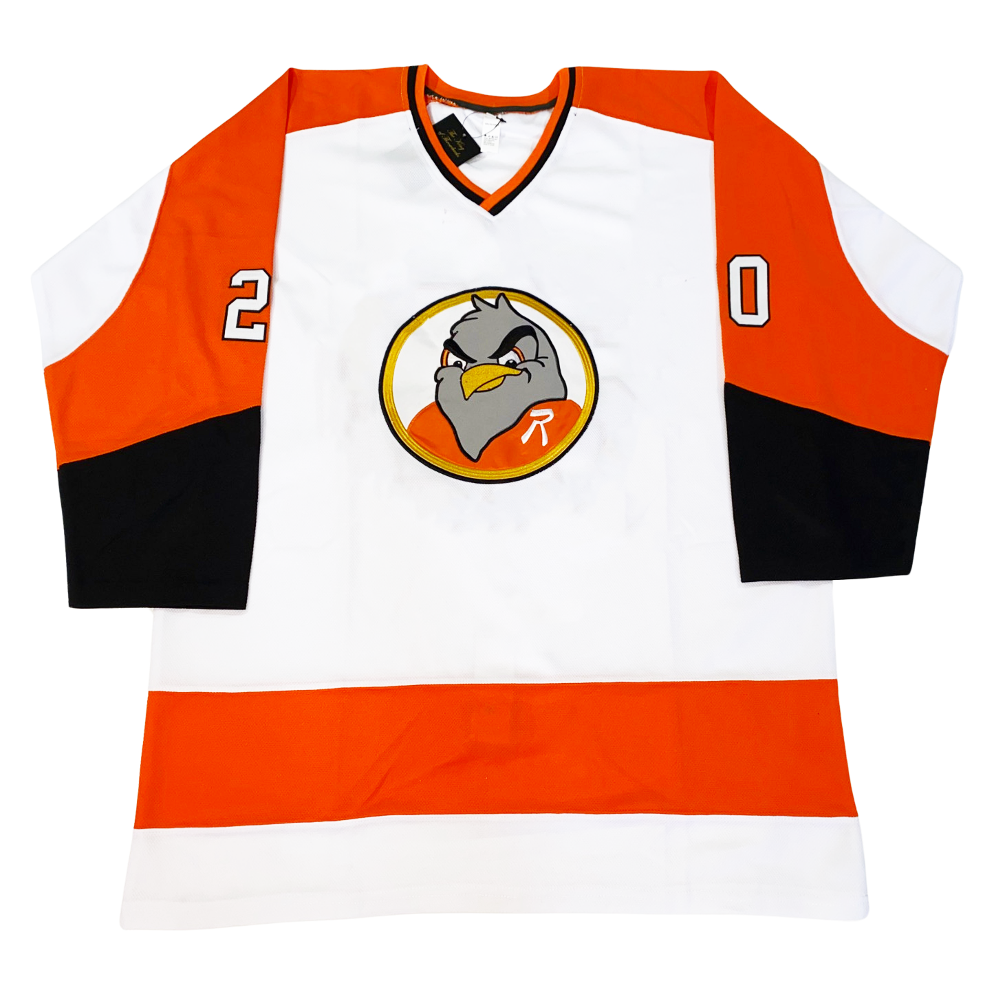 Richmond Robins Jersey white front. Sleeves orange on top extending to shoulders. Black at sleeve ends. White elbows. Orange band on bottom.   Logo in center is a black and gold circle with a white background. Gray robin's head with gold beak, wearing an orange jersey with a white R on upper left chest. Royal Retros