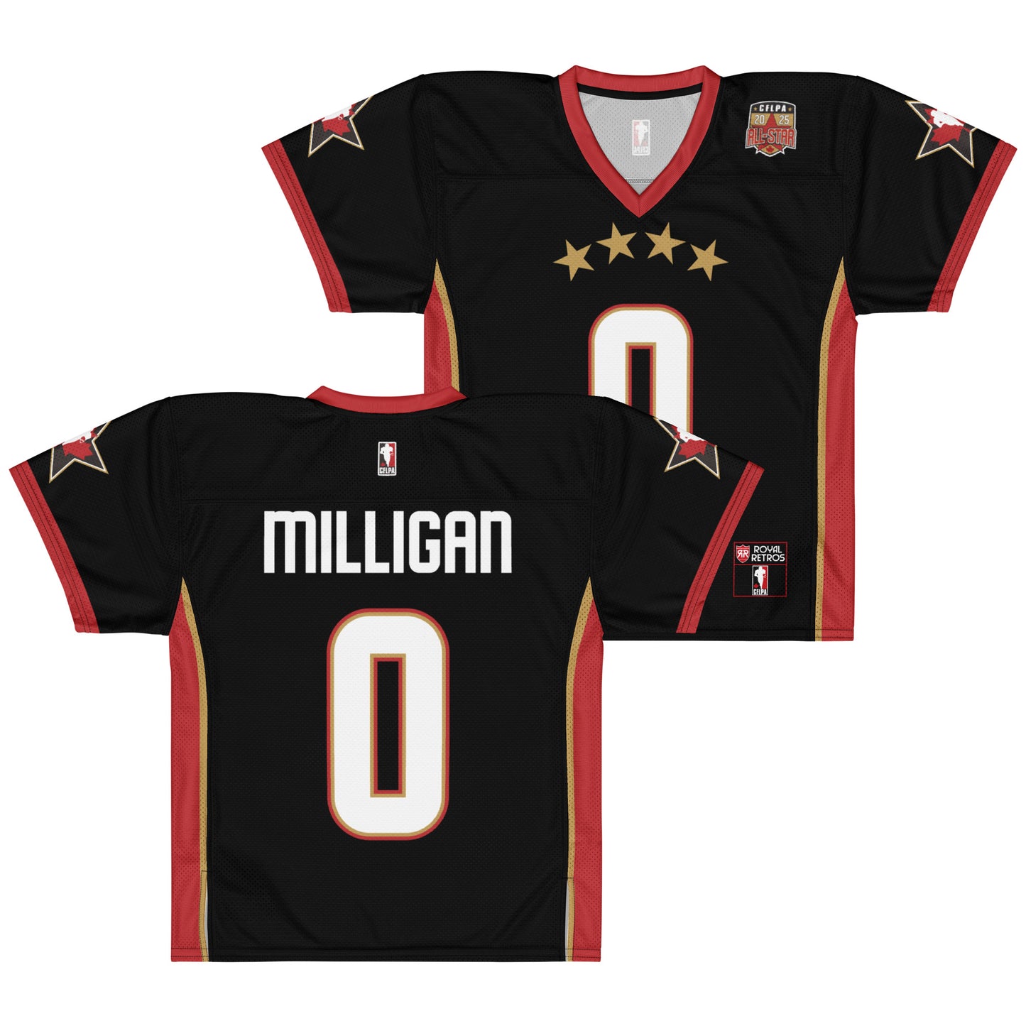 2025 CFLPA All-Star Replica Jersey. Black. Front Back. Red collar and sleeve ends. Four gold stars over large white name over large white numerals with red trim. Gold, red, and gold stripes up sides. Royal Retro
